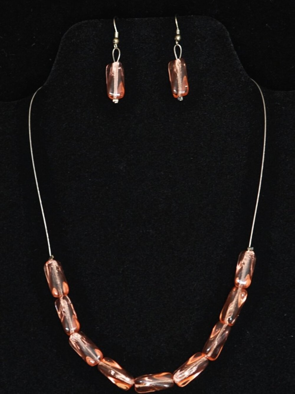 Pink Foil Lined Glass 1930's Necklace & Earrings Set